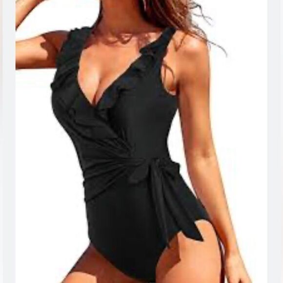 Tempt Me Ruffle V Neck Wrap Style Waist Tie One Piece Swimsuit Sz XL - Picture 1 of 4